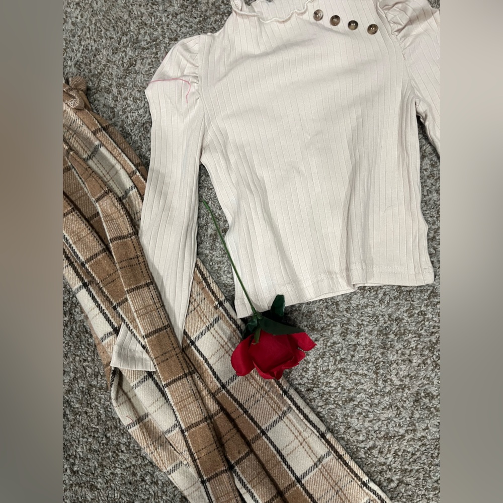 Cream Ribbed Top and Plaid Set